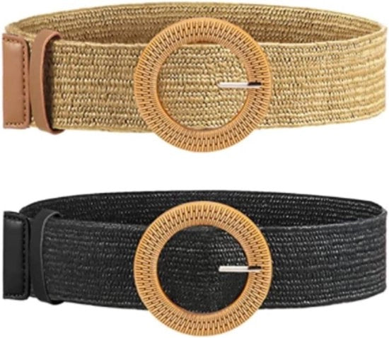 Pacco di 2 cinture elastiche intrecciate con fibbia - Cintura intrecciata sottile con chiusura in legno per abito misto - Taglia M