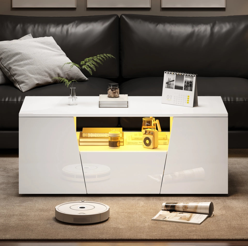 Tavolino da caffè 100x50x40 cm con luci LED; 2 armadietti e 1 cassetto in truciolare bianco