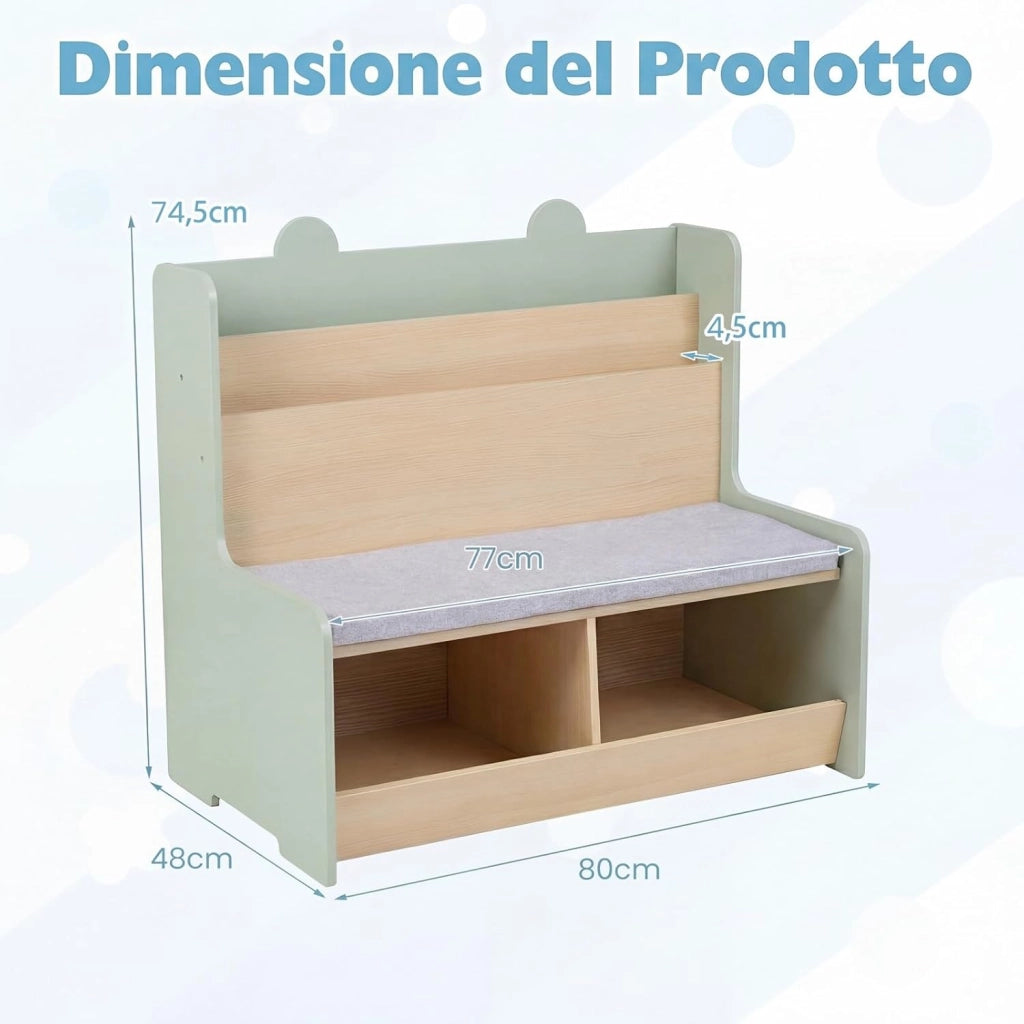 Libreria Montessoriana Salvaspazio per Bambini con Panchina Verde | Porta Libri Bambini con Portariviste a 2 Ripiani, 2 Scomparti Aperti e Cuscino Seduta Rimovibile per Cameretta