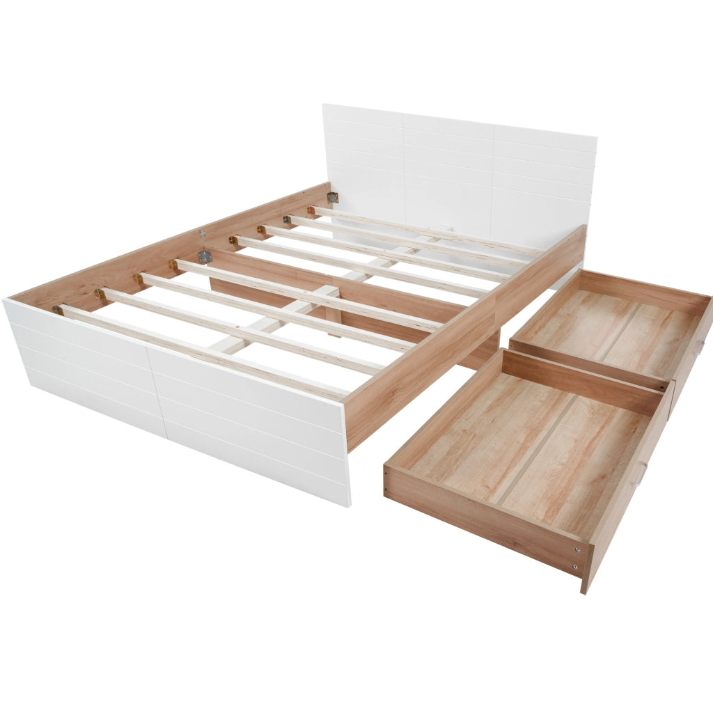 Letto matrimoniale ULEVR 180x200 cm con 2 cassetti intercambiabili e rete a doghe, bianco e rovere chiaro