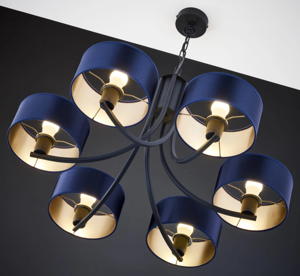 Lampadario nero a catena, paralumi blu 6xE27 ARTHUR Jupiter