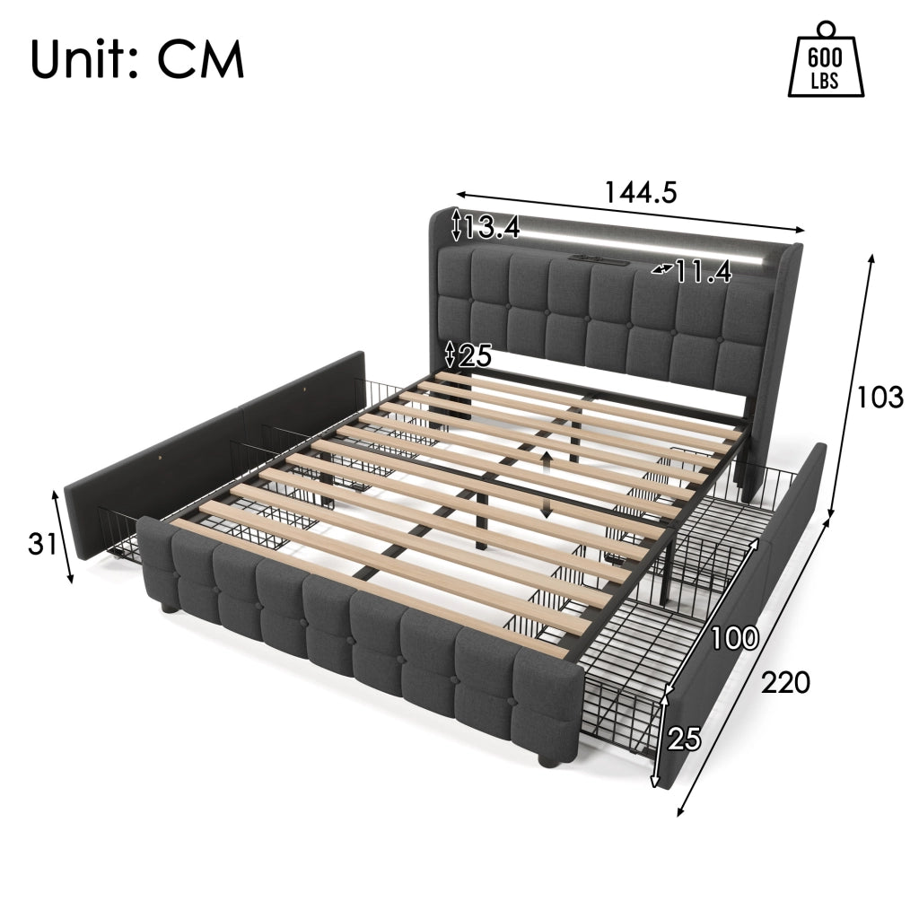 Letto matrimoniale 140x200 cm con 4 cassetti; testiera con prese e USB; LED; grigio