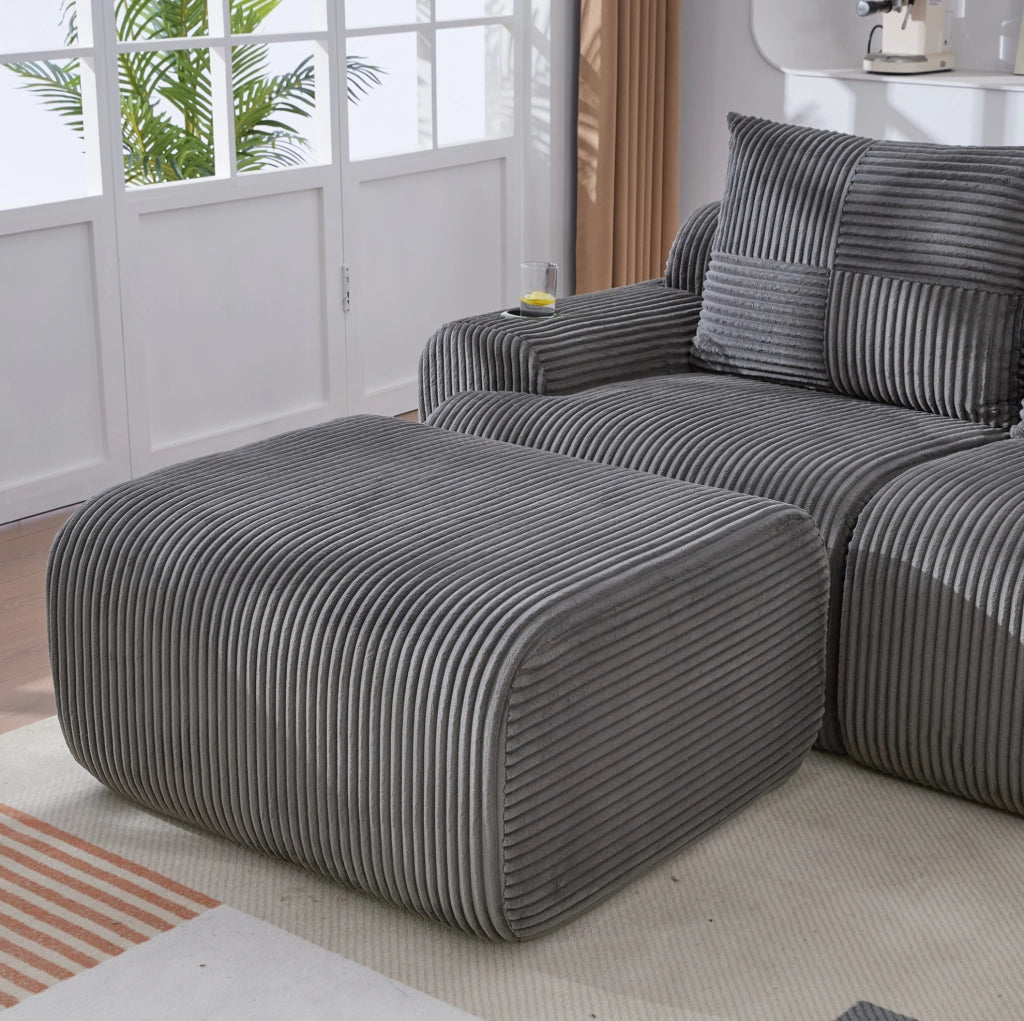 Divano modulare 4 posti in corduroy grigio scuro; 333 cm; con portabicchieri e tasca laterale
