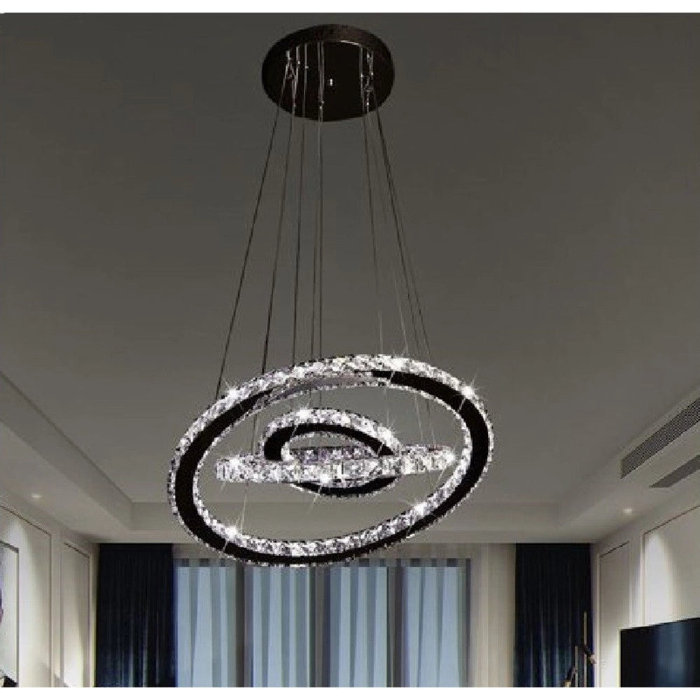 Trade Shop - Lampadario Led A Sospensione Soffitto 46w Cct 3 Anelli Decorati Cristalli Acrilico B50-3c -