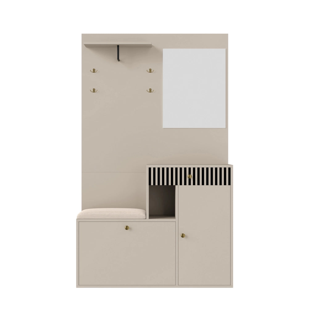 Set mobili da ingresso con specchio, panca imbottita, ripiani, appendiabiti e scarpiera in MDF Beige Crema