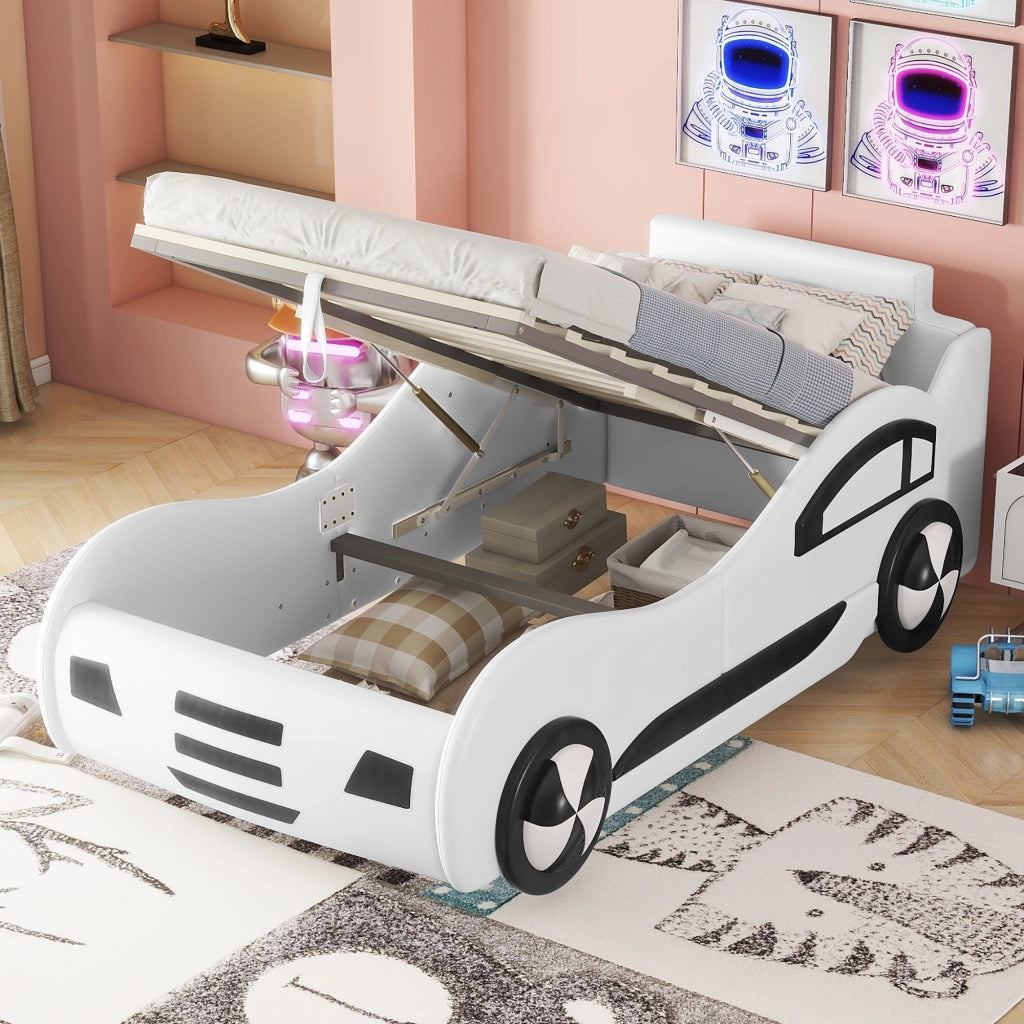 OKWISH Letto Bambini 90×200 cm, Letto Singolo con Contenitore, Design Auto, senza Materasso, in PU e MDF, Bianco