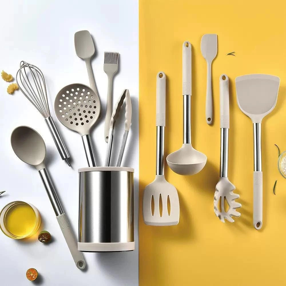 Trade Shop - Set 12pz Utensili Da Cucina Mestoli In Silicone Acciaio Antiaderente Portaposate Girevole -
