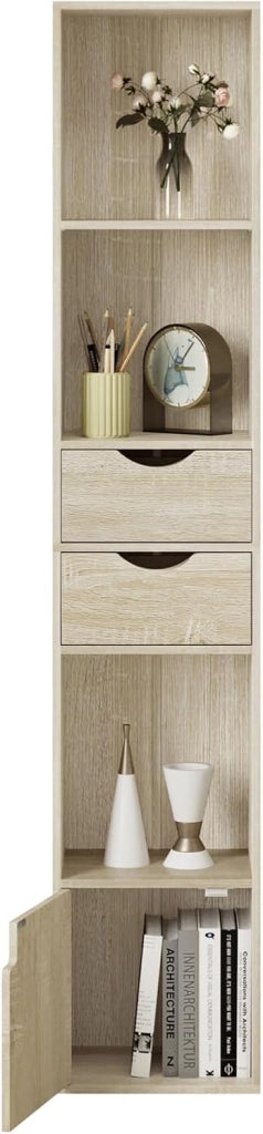 Libreria Scaffale Moderna in Legno, Libreria Verticale con 3 Vani Aperti, 2 Cassetti e 1 Armadietto, Mobile Portaoggetti Portalibri da Terra con Ripiano Regolabile, Legno Chiaro, 30x24x158cm