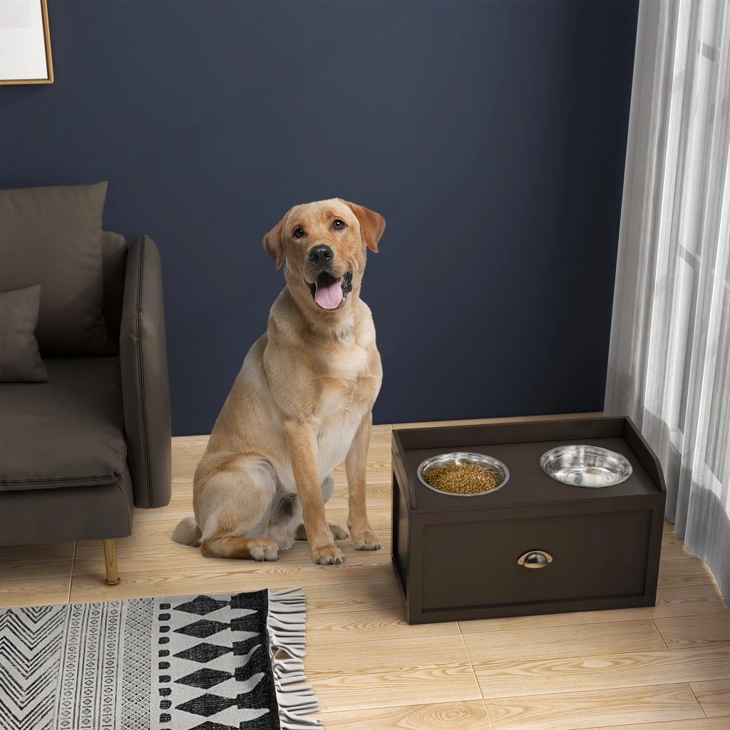 Ciotola per Cani Rialzata con Cassetto ¨C zephmum ¨C Acciaio Inox e Legno, 60x30x36cm, Marrone