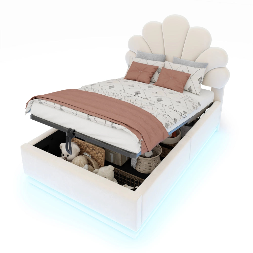 Letto Contenitore 90x200 cm; con LED e Contenitore Idraulico in Velluto Beige