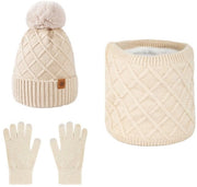 Cappello invernale intrecciato con guanti touchscreen e collare per donne, con palline morbide, guanti intrecciati caldi e collare tre-in-uno, Beige