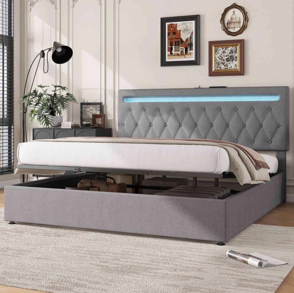 Letto matrimoniale imbottito 180x200 cm con LED, USB e vano contenitore