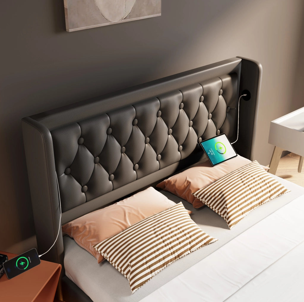 Letto 160x200 cm con contenitore idraulico, LED, USB e USB-C in PU nero