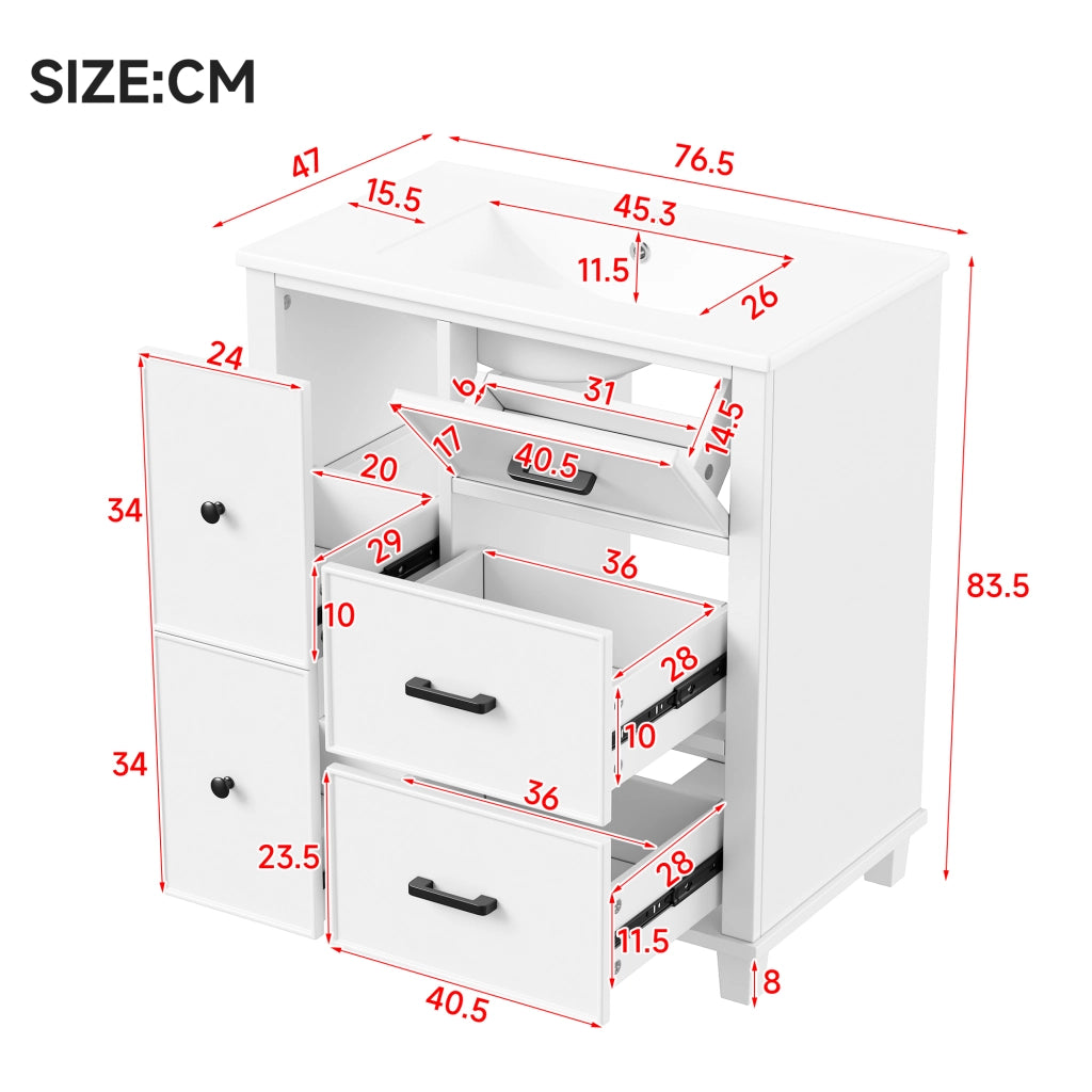 Mobile sottolavabo con 4 cassetti e 1 ribalta; per bagno; in MDF e ceramica; bianco