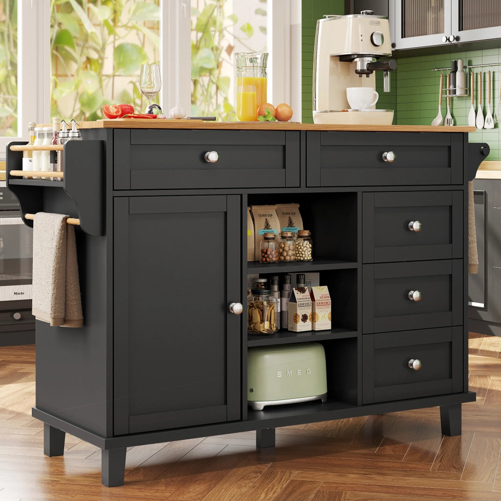 OKWISH Carrello da cucina con 5 cassetti, 1 armadietto, 2 vani, ripiano regolabile e ruote, per cucina, 134×46×92 cm