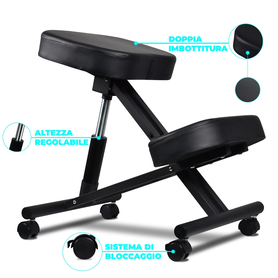 Sedia Sgabello Ortopedico Posturale Regolabile in Altezza con Cuscini Ultra-Comfort e Sistema di Bloccaggio Ruote Nera