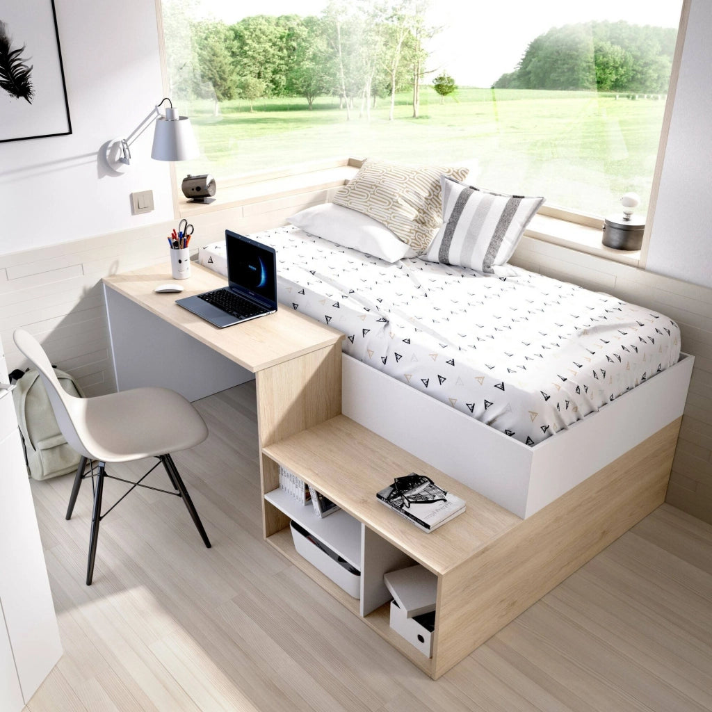 Letto per bambini Argh, Lettino singolo per cameretta, Set con scrivania e scaffali, 195x134h73 cm, Bianco e Rovere