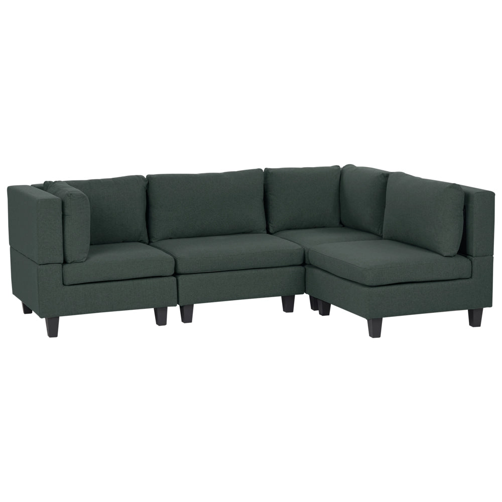 Divano componibile a 4 posti imbottito in tessuto verde scuro gambe nere lato sinistro con ottomana stile moderno