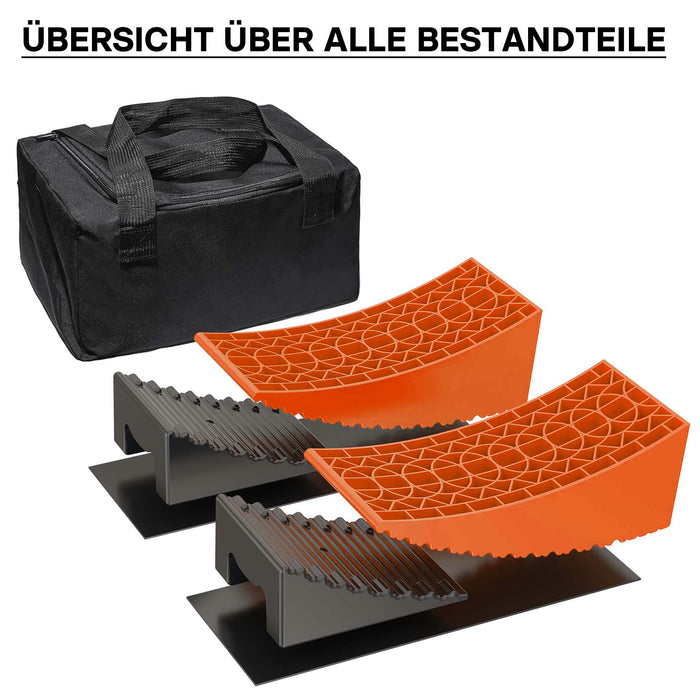 2 Cunei fermaruota 3,5 t/coppia, bloccaruote 42,4 x 17 x 17,4, fermi 20,7 x 17 x 9,6 cm, livellatori in plastica con borsa di trasporto e tappetini, per camper, rimorchi, camion