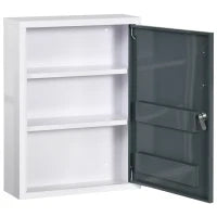 kleankin Armadietto Medicinali con 3 Ripiani e Blocco con Chiavi in Acciaio, 40x15x53.5cm, Bianco e Grigio