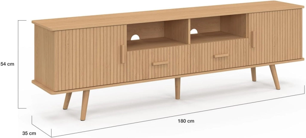 Mobile TV JULIETTE 180 cm con 2 ante e 2 cassetti, doghe in legno color rovere