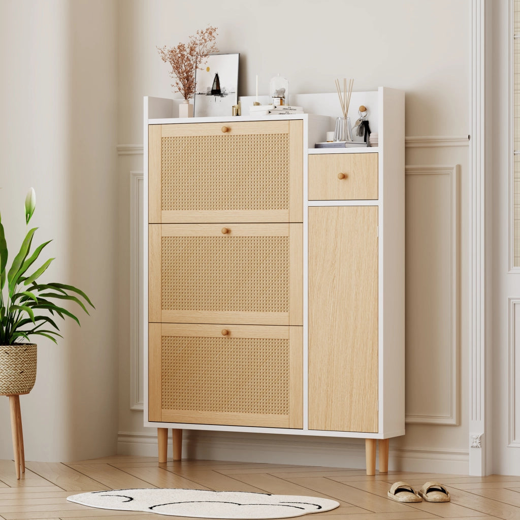 Scarpiera con 3 Ante a Ribalta e 1 Cassetto; Rattan; Gambe in Legno; in MDF; 90×17×125 cm; Naturale Bianco