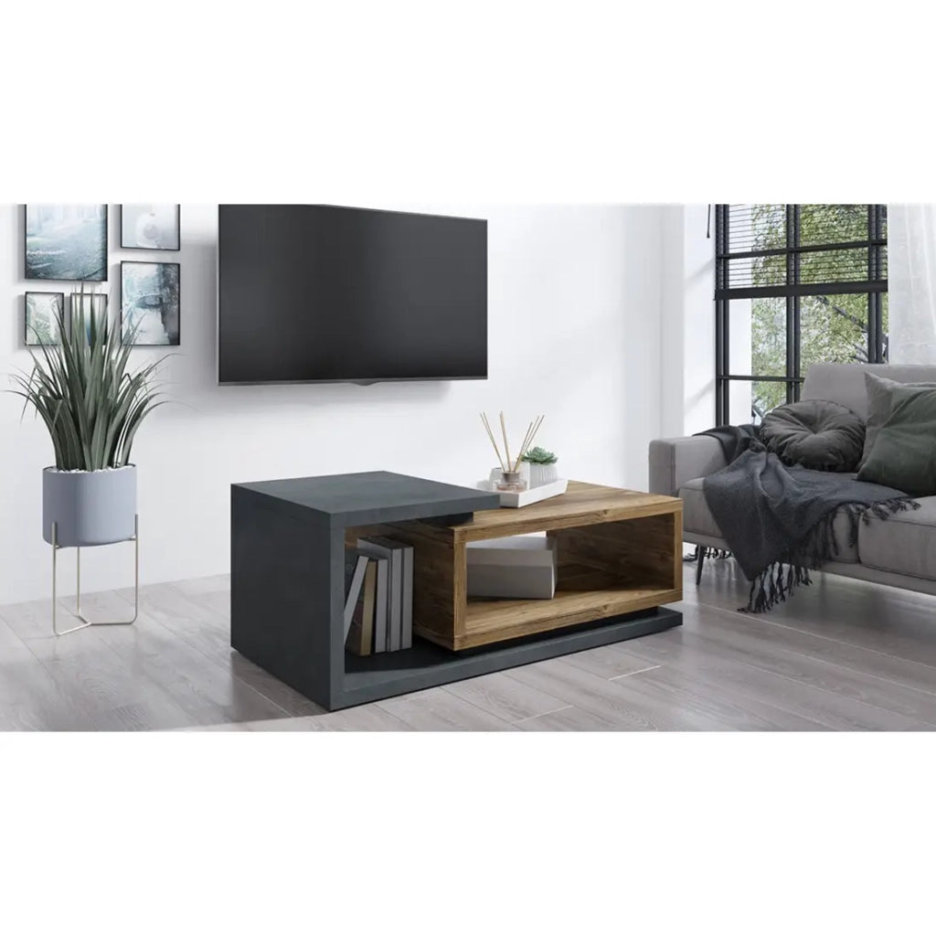 Tavolino da salotto design collezione BERGAMO. Colori grigio e rovere scuro. Stile design.