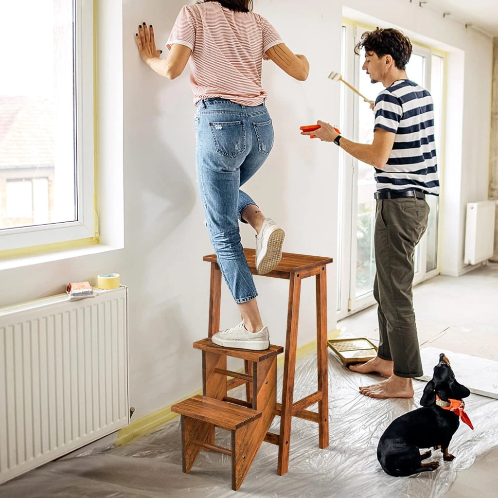 Sedia a Scala in Legno a 3 Livelli, Sgabello a Scala Multifunzionale Pieghevole, Altezza 76 cm, Portata Totale 310 kg, 2 Colori