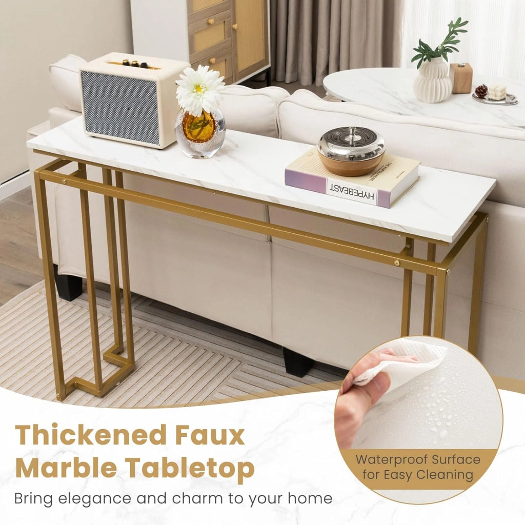 Tavolo Consolle 120cm, Tavolo da Ingresso Sottile con Piano in Finto Marmo e Telaio in Metallo, Piedini Regolabili e Dispositivo Antiribaltamento, Tavolino Elegante per Corridoio, Soggiorno