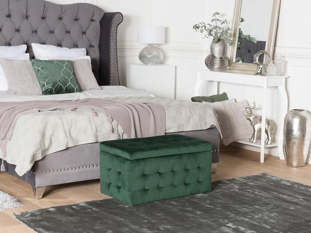 Panca per camera da letto con tappezzeria trapuntata in velluto verde ottomana con contenitore