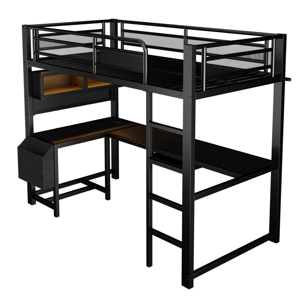 Letto a soppalco 90x200 cm con scrivania; LED e presa di ricarica in MDF e metallo nero