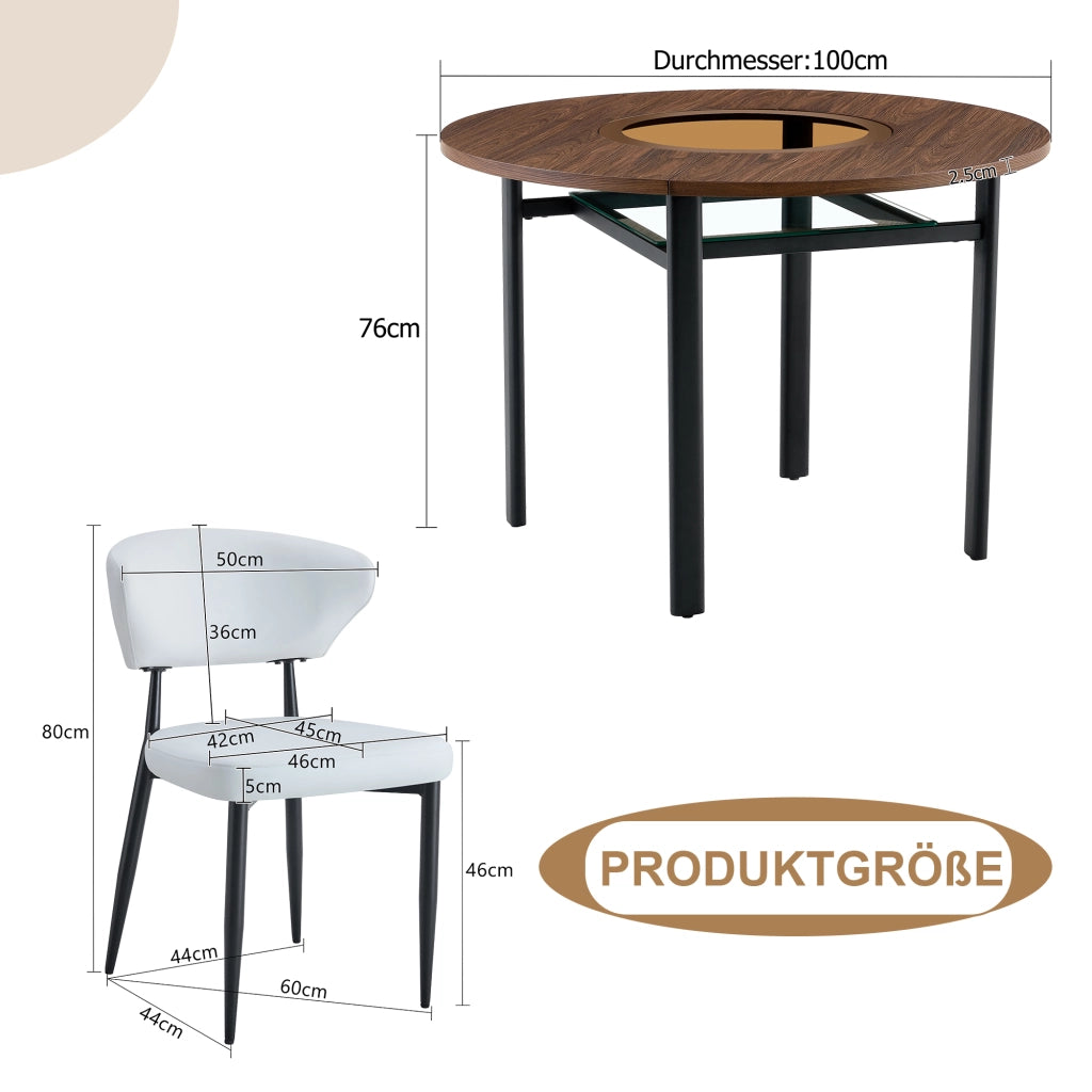 Tavolo da pranzo rotondo con piano in MDF e inserto in vetro con 2 sedie in PU per cucina e soggiorno 100 cm