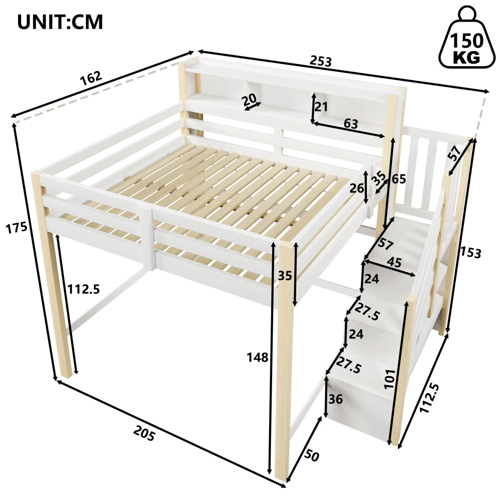 LETTO a soppalco 140x200 cm con LED, scala contenitore, bianco e naturale