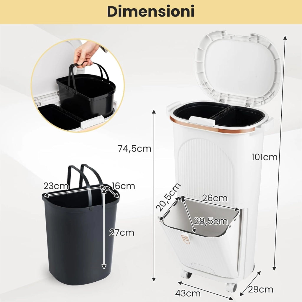 38 L（12+12+14 L） Pattumiera Differenziata, Secchio Spazzatura a 3 Scomparti con Coperchi, 2 Secchi Rimovibili Pedale e Ruote, Bidoni Differenziata per Bagno Cucina Ufficio