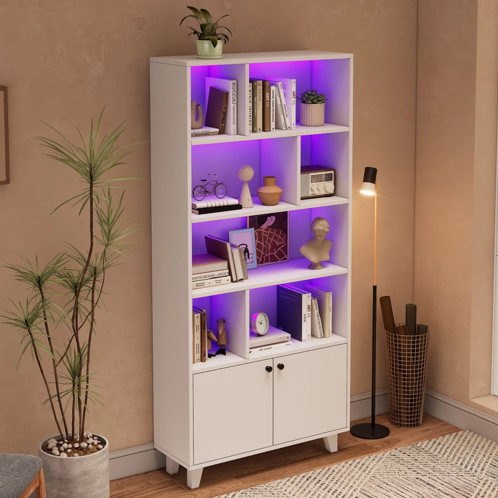 Libreria 80 x 30 x 173 cm con luci LED, 7 scomparti, ante doppie e struttura in MDF con piedi in legno massello