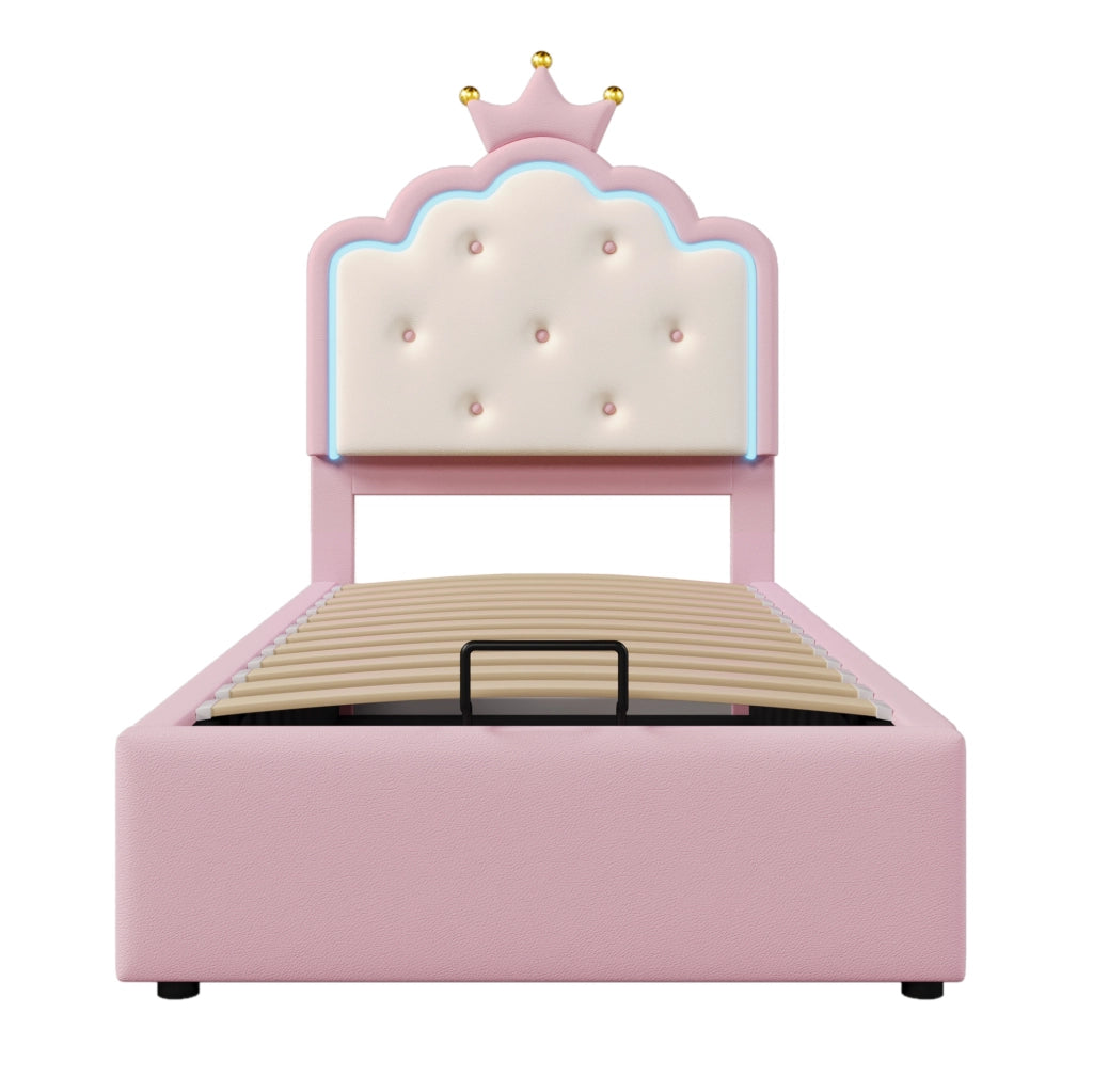 Letto imbottito rosa 90 x 200 cm con illuminazione LED e vano contenitore