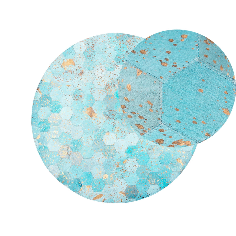 Tappeto Blu Pelle 140 cm Moderno Patchwork Turchese Motivo A Nido D'ape Tappeto Intrecciato A Mano Rotondo