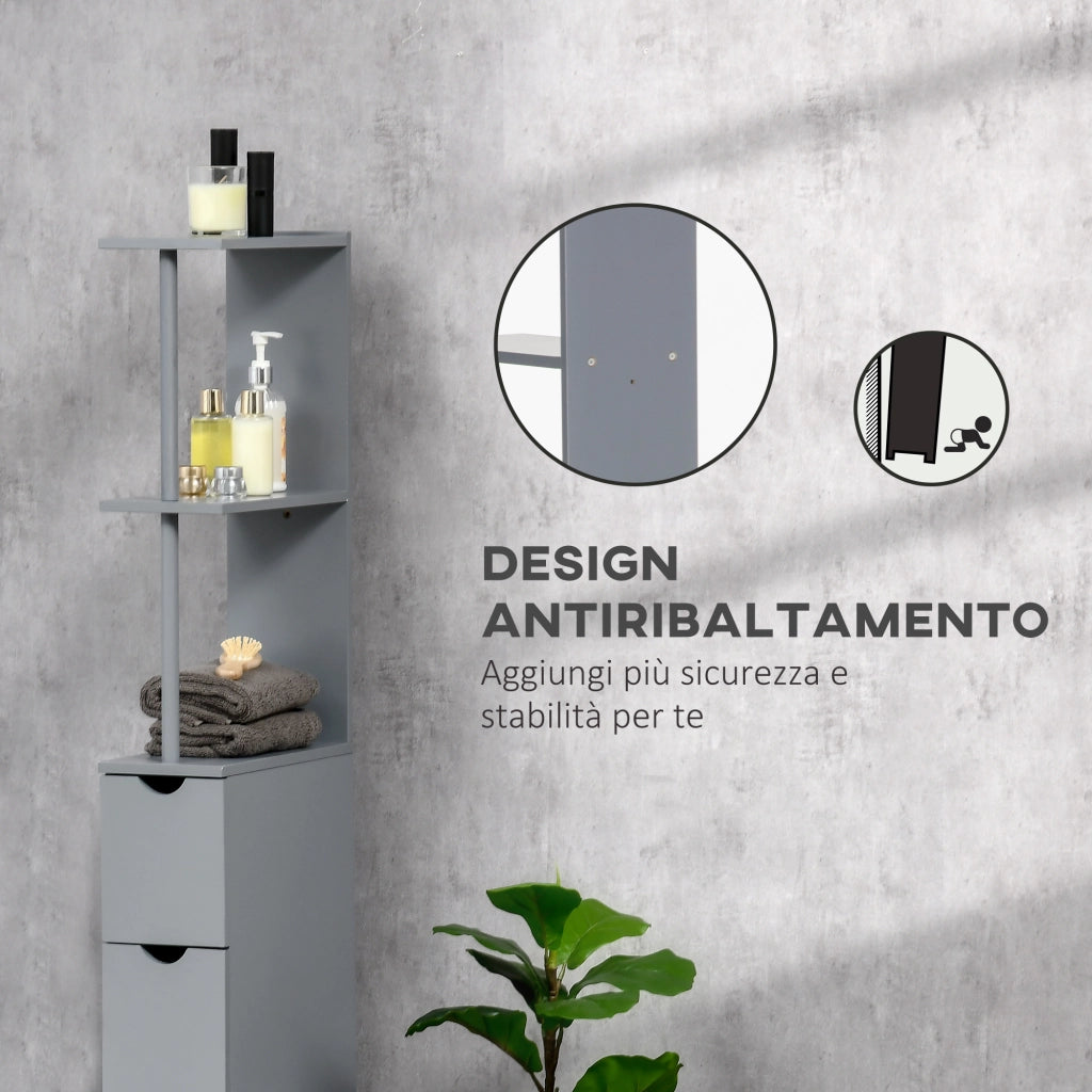 Mobile Colonna Bagno con Ripiani Aperti e Cassetti, in Legno, 15x33x136.8 cm, Grigio