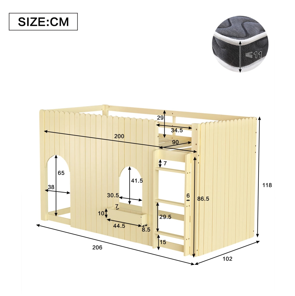 Letto a soppalco 90x200 cm con LED e scala a 3 gradini in legno e MDF naturale