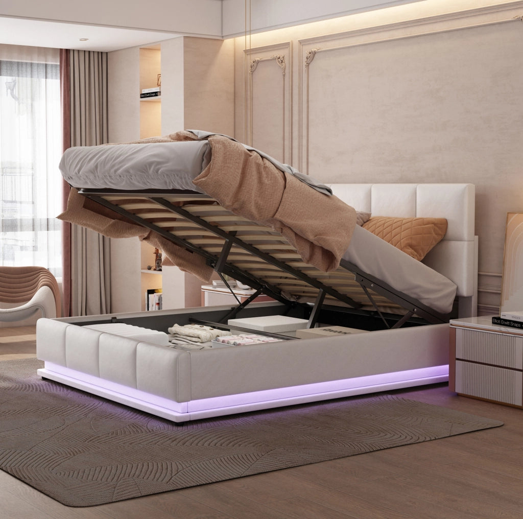 Letto contenitore LED 140x200 cm in similpelle bianco