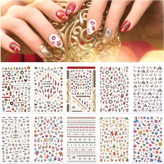 Sticker per Nail Art a Natale, 10 Fogli 3D Stickers Acqua Resistenti Autoadesivi con Babbo Natale e Cigno per Decorazione delle Unghie e Artigianato delle Unghie