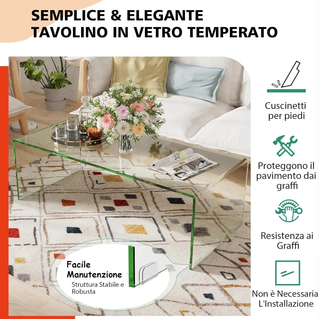 Tavolino da Salotto in Vetro Temperato, Tavolino Soggiorno a Forma di U con Bordi Lisci Arrotondati e Piedini, Tavolino Basso Moderno da Soggiorno, Ufficio e Hotel, 108 x 50 x 35 cm