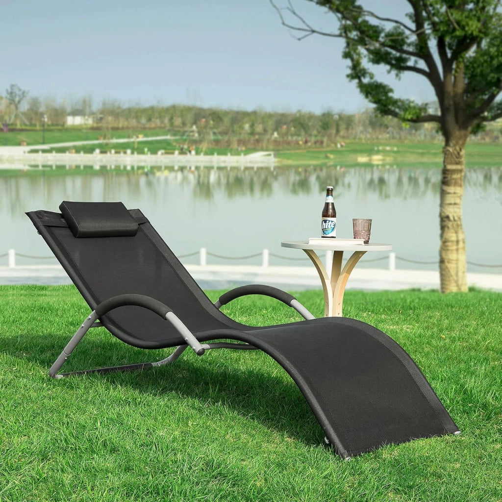 Lettino prendisole da giardino Sedia con poggiatesta Sdraio per esterni giardino spiaggia Sedia da campeggio Nero 165x55x67 cm OGS38-SCH