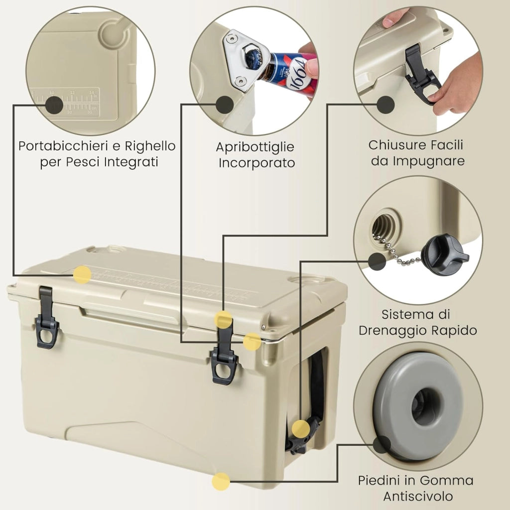 Frigorifero da Campeggio da 28 Litri, Frigo Portatile con Manico Resistente e Scarico, Freddo Fino 5-7 Giorni con Portabicchieri Integrati per Barbecue, Campeggio, Picnic, Pesca