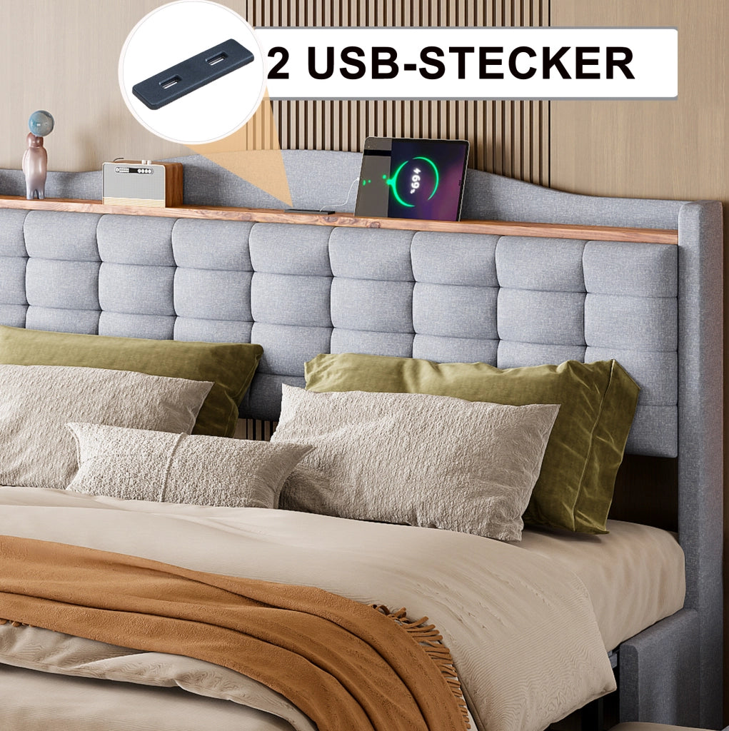 Letto matrimoniale imbottito 160x200 cm grigio con porta USB; 4 cassetti e mensola