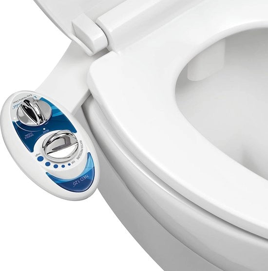 Bidet meccanico con connesso al water, doppio getto, autosanitario, acqua calda e fredda (blu e bianco)