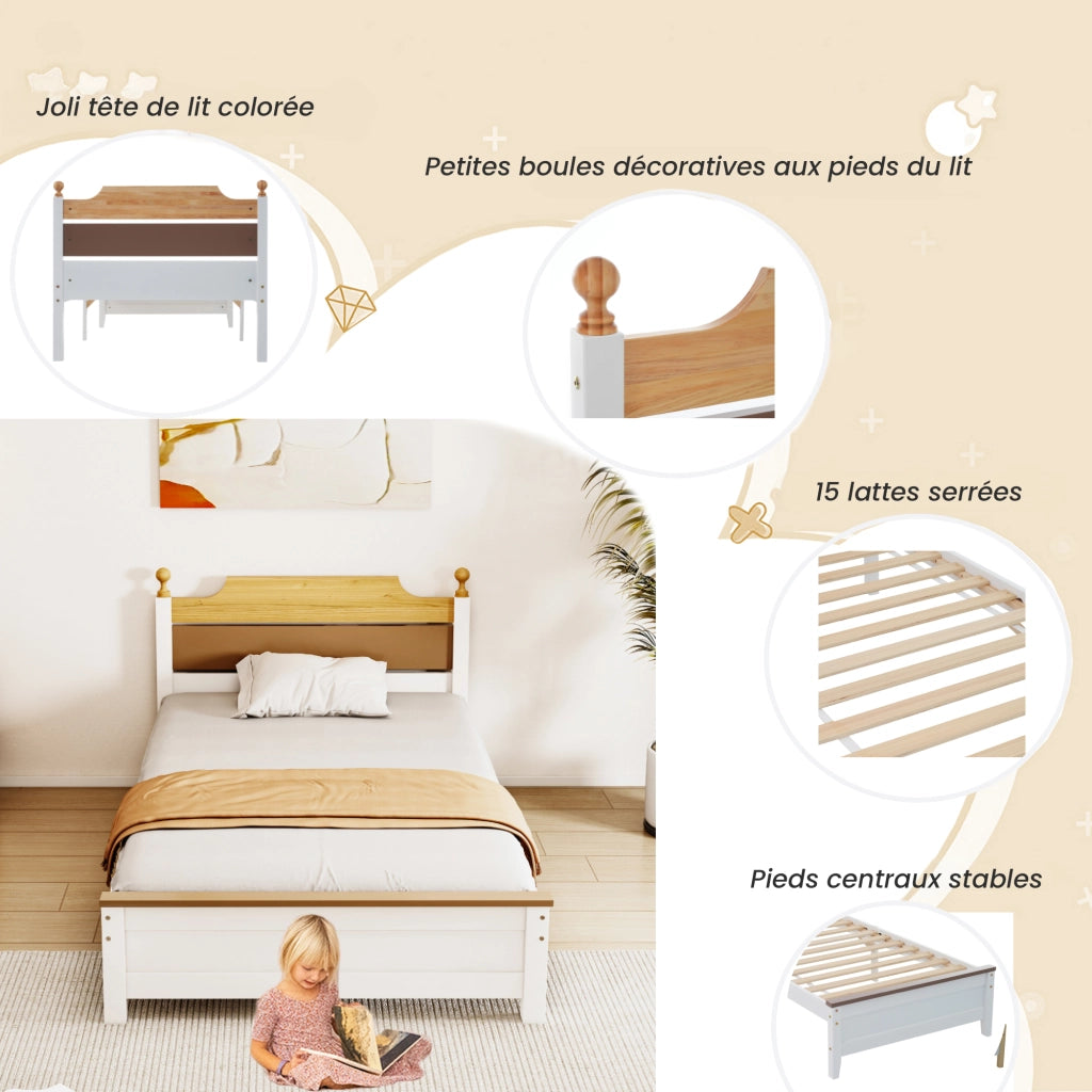 Letto Singolo 90×200 cm; 1 Posto con Testiera e Pediera a Contrasto; senza Materasso; Legno e MDF