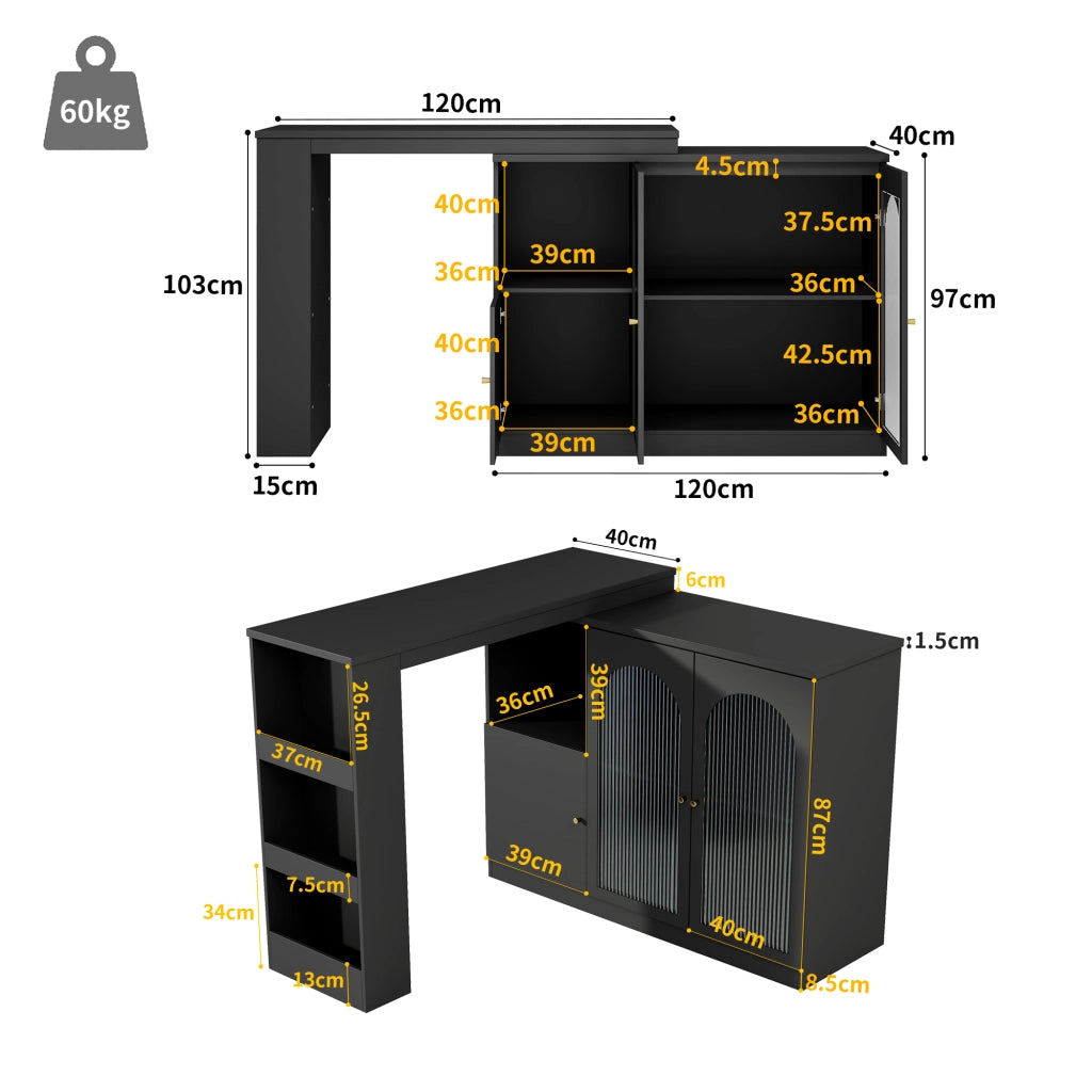 Mobile Bar con Anta in Vetro; Ripiani Aperti e Rotazione a 360°; per Cucina e Sala da Pranzo; in MDF; Nero