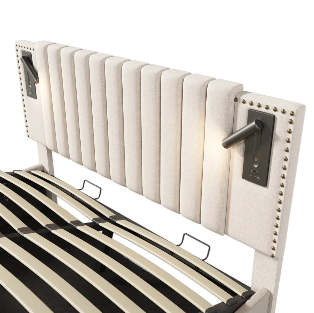 Letto matrimoniale beige 140x200 con contenitore, luci LED USB-C e rete
