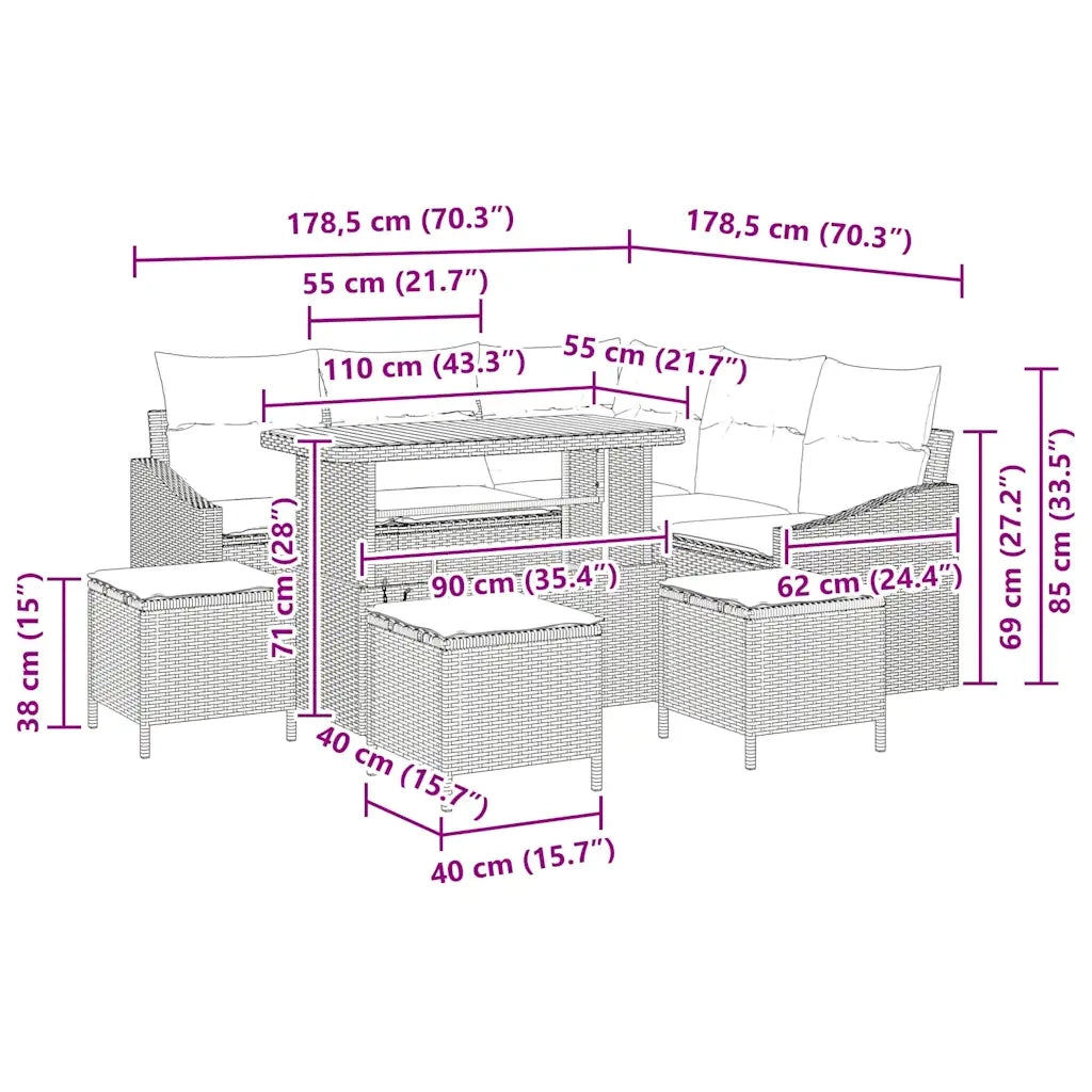 Set Divano da Giardino con cuscino 9 pcs Grigio Poly Rattan 3364613